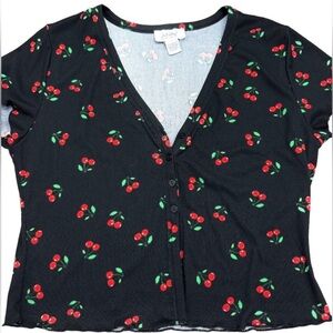 Black w Cherries design button up womens blouse - Large